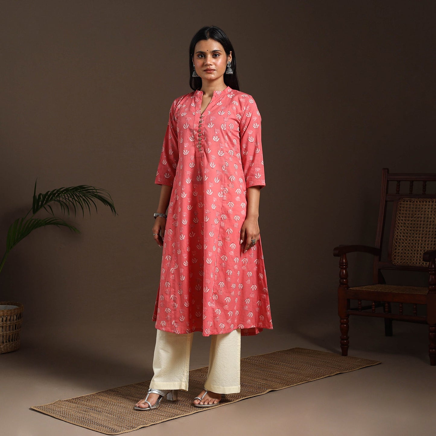 Pink - cotton a-line sanganeri kurta 04 - handcrafted
