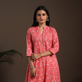 Pink - cotton a-line sanganeri kurta 04 - handcrafted