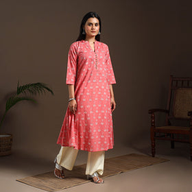 Pink - cotton a-line sanganeri kurta 04 - handcrafted