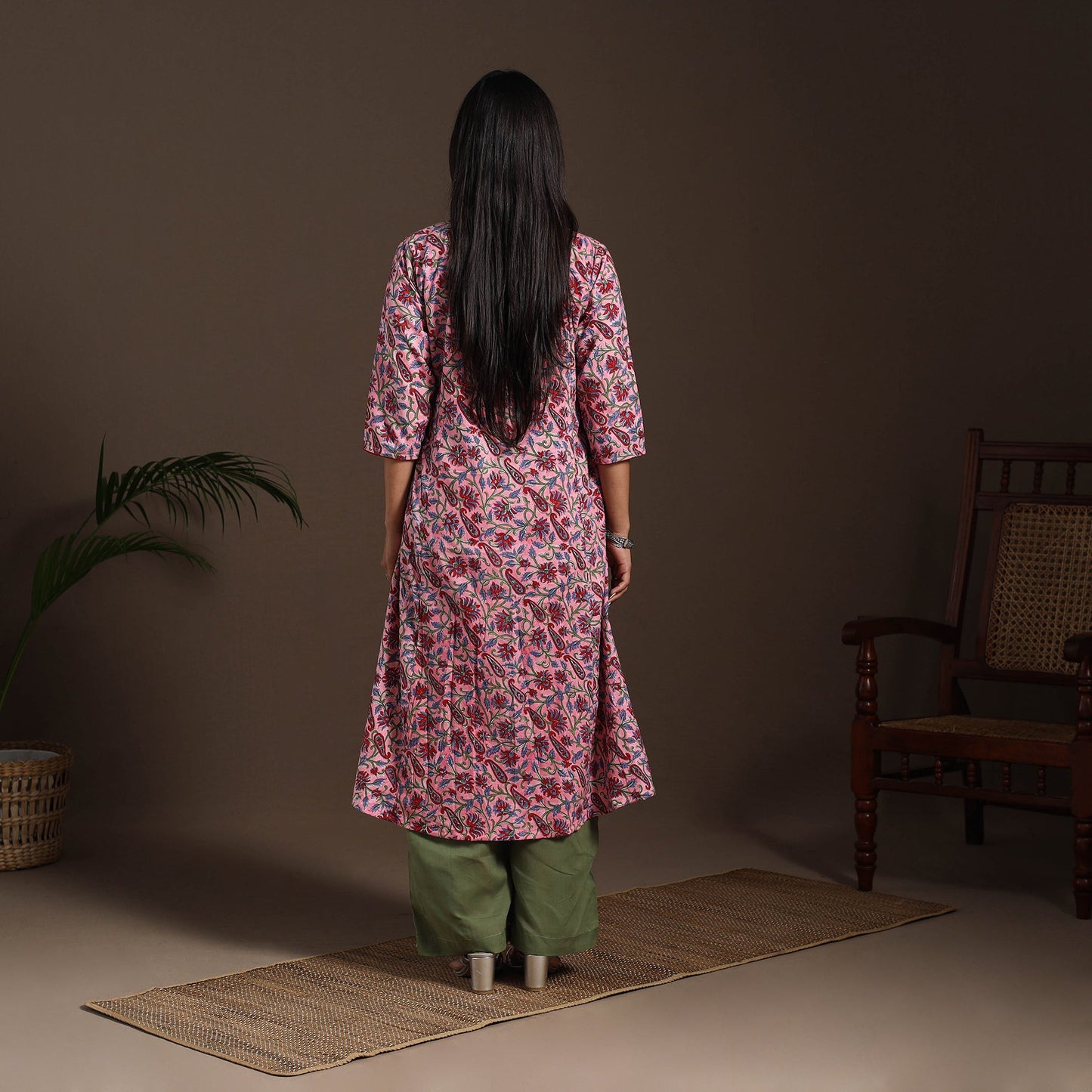 Pink - cotton a-line sanganeri kurta 05 - handcrafted