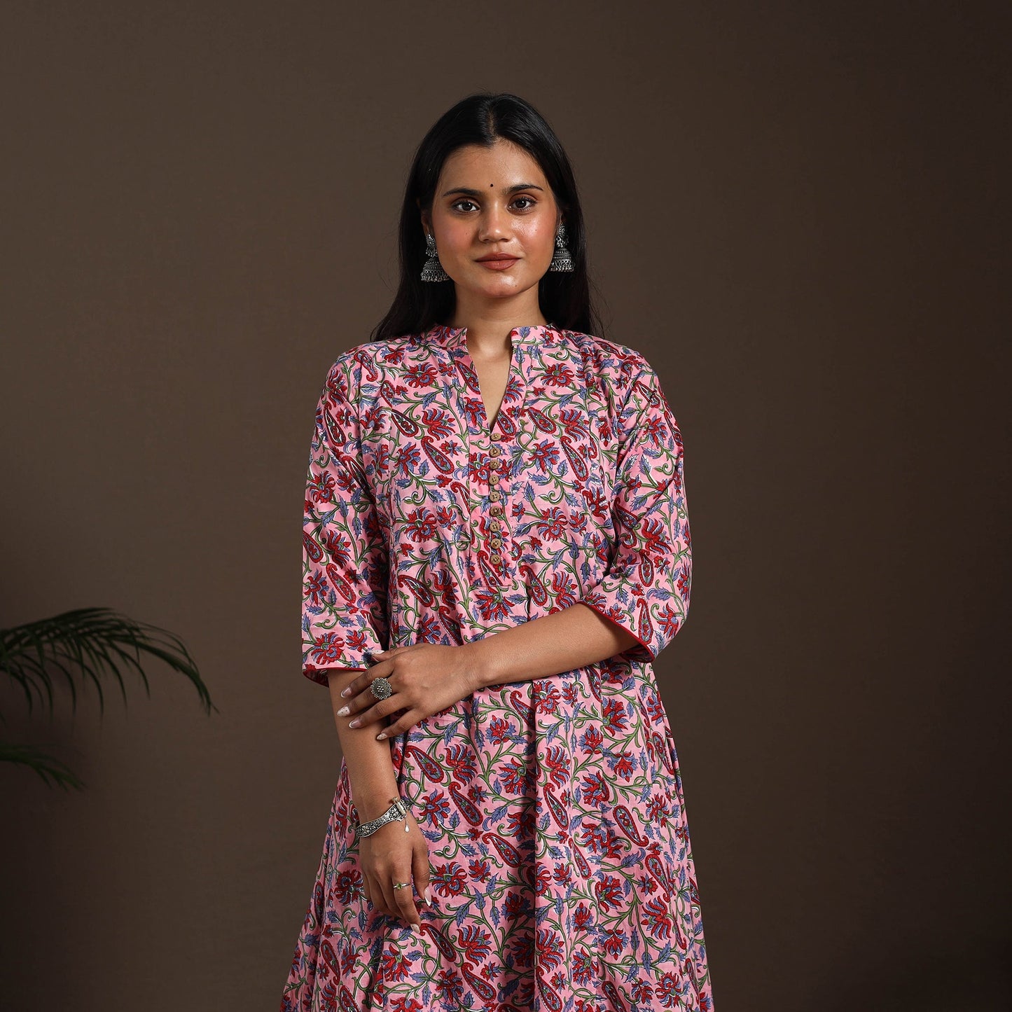 Pink - cotton a-line sanganeri kurta 05 - handcrafted