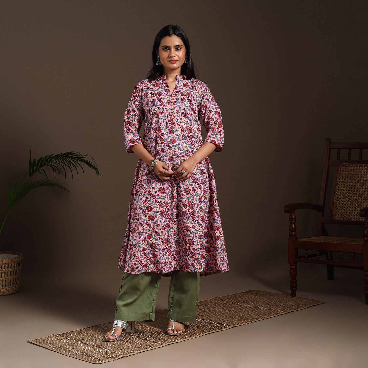 Pink - cotton a-line sanganeri kurta 05 - handcrafted