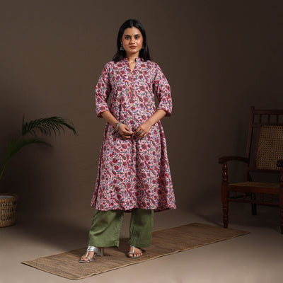 Pink - cotton a-line sanganeri kurta 05 - handcrafted