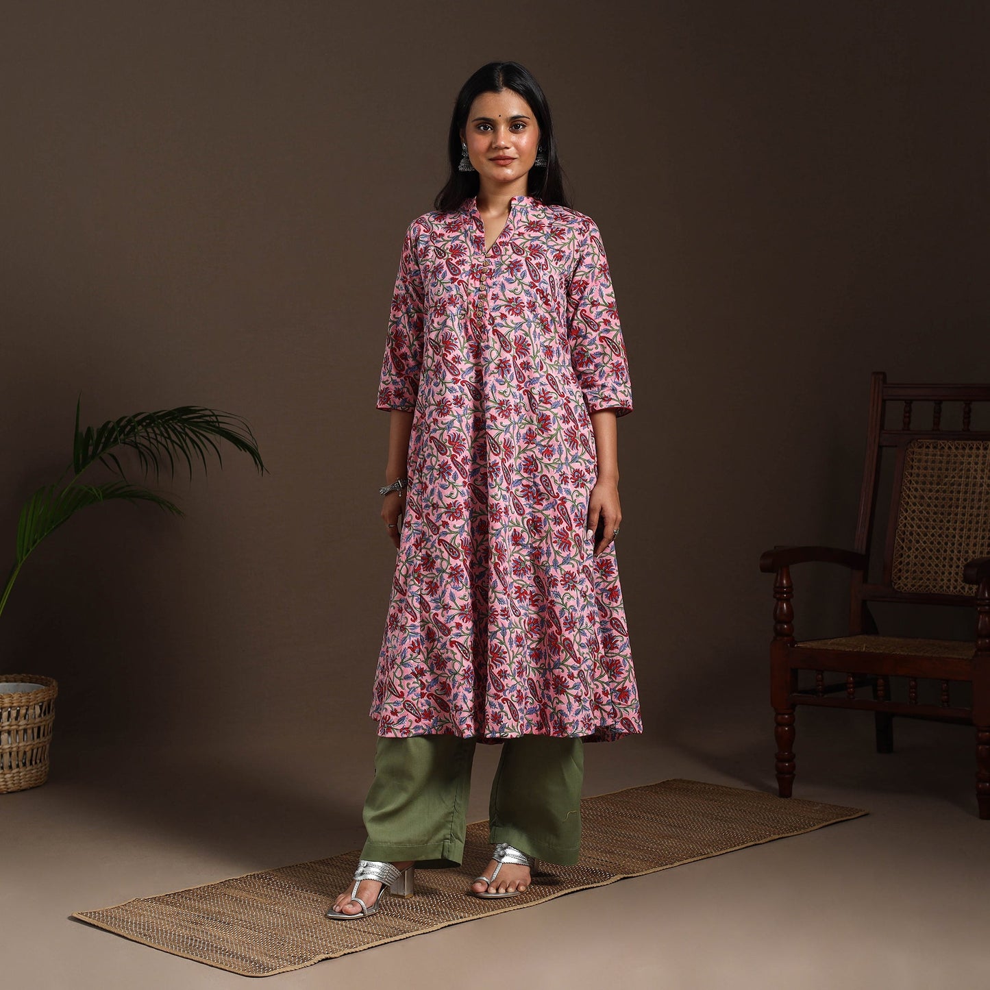 Pink - cotton a-line sanganeri kurta 05 - handcrafted