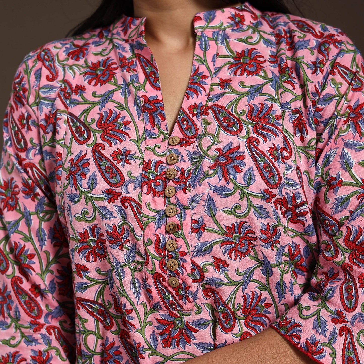 Pink - cotton a-line sanganeri kurta 05 - handcrafted