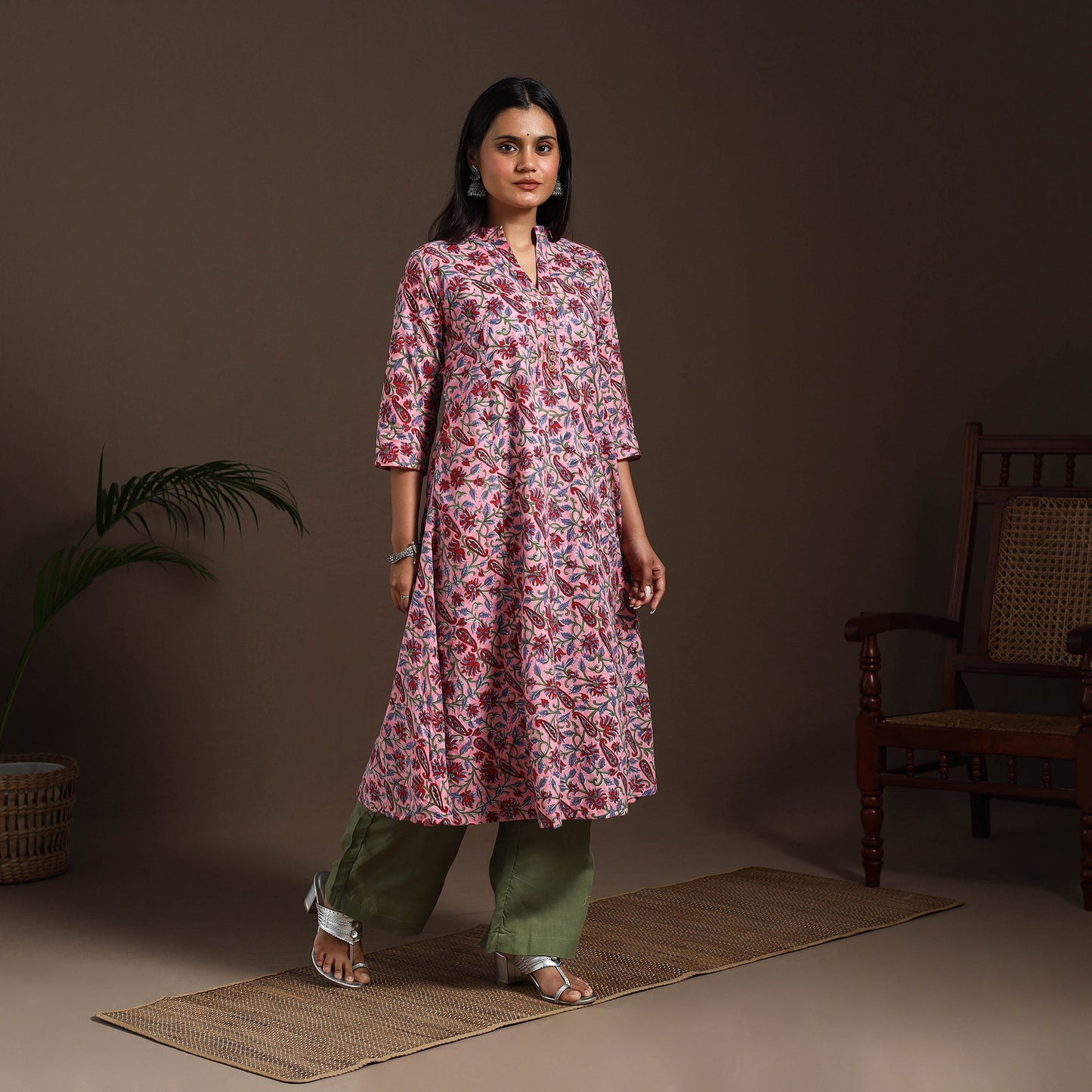 Pink - cotton a-line sanganeri kurta 05 - handcrafted