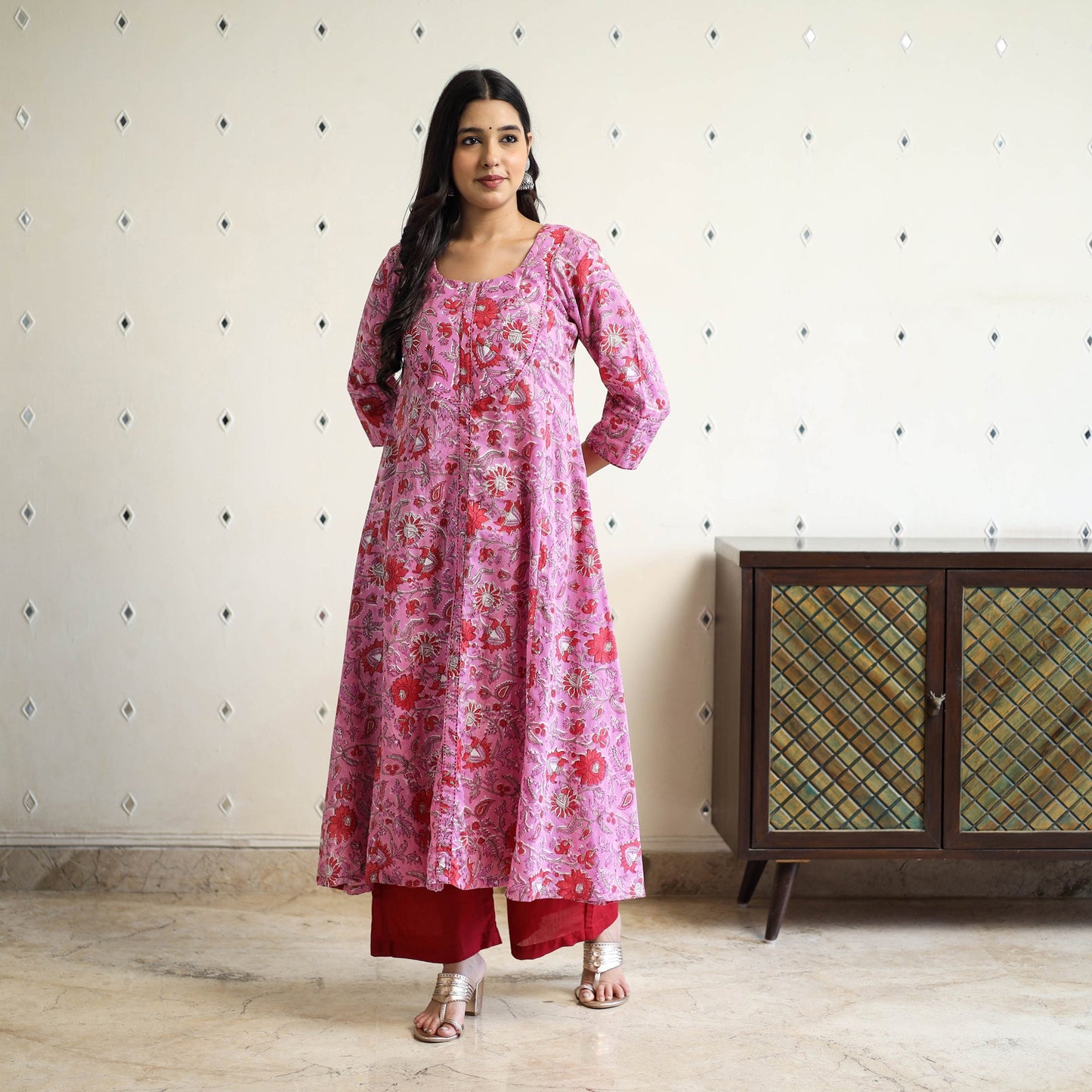 Pink Block Print Cotton A-Line Sanganeri Kurta for Women