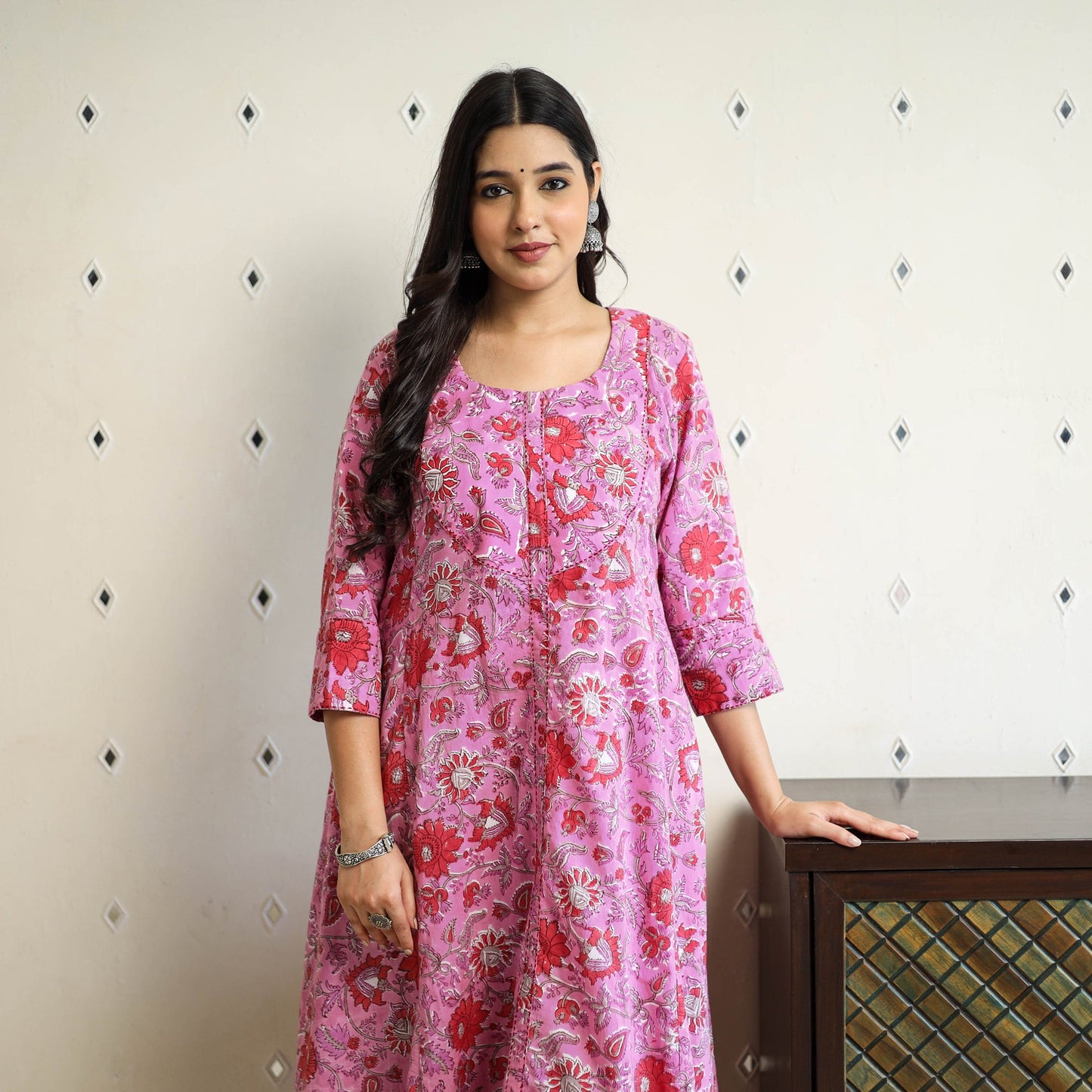 Pink Block Print Cotton A-Line Sanganeri Kurta for Women