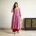 Pink Block Print Cotton A-Line Sanganeri Kurta for Women