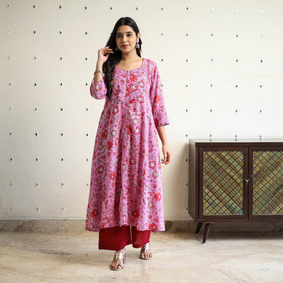 Pink Block Print Cotton A-Line Sanganeri Kurta for Women