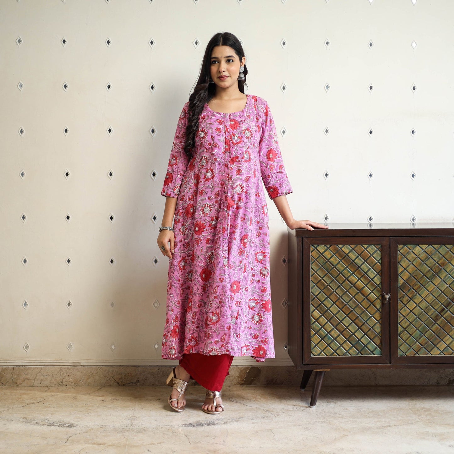 Pink Block Print Cotton A-Line Sanganeri Kurta for Women