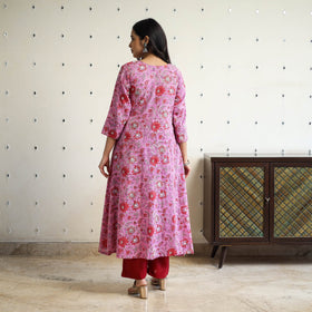 Pink Block Print Cotton A-Line Sanganeri Kurta for Women