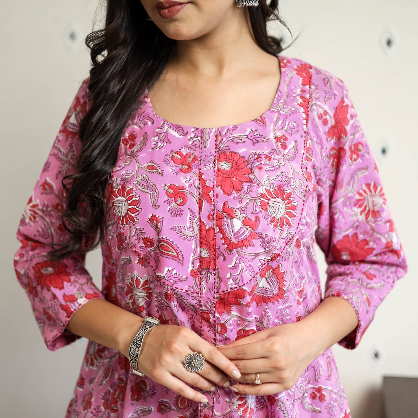 Pink Block Print Cotton A-Line Sanganeri Kurta for Women