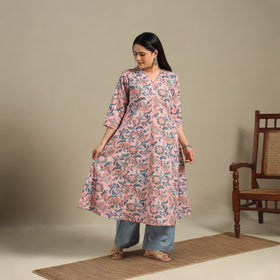 Pink - cotton a-line sanganeri kurta 08 - handcrafted