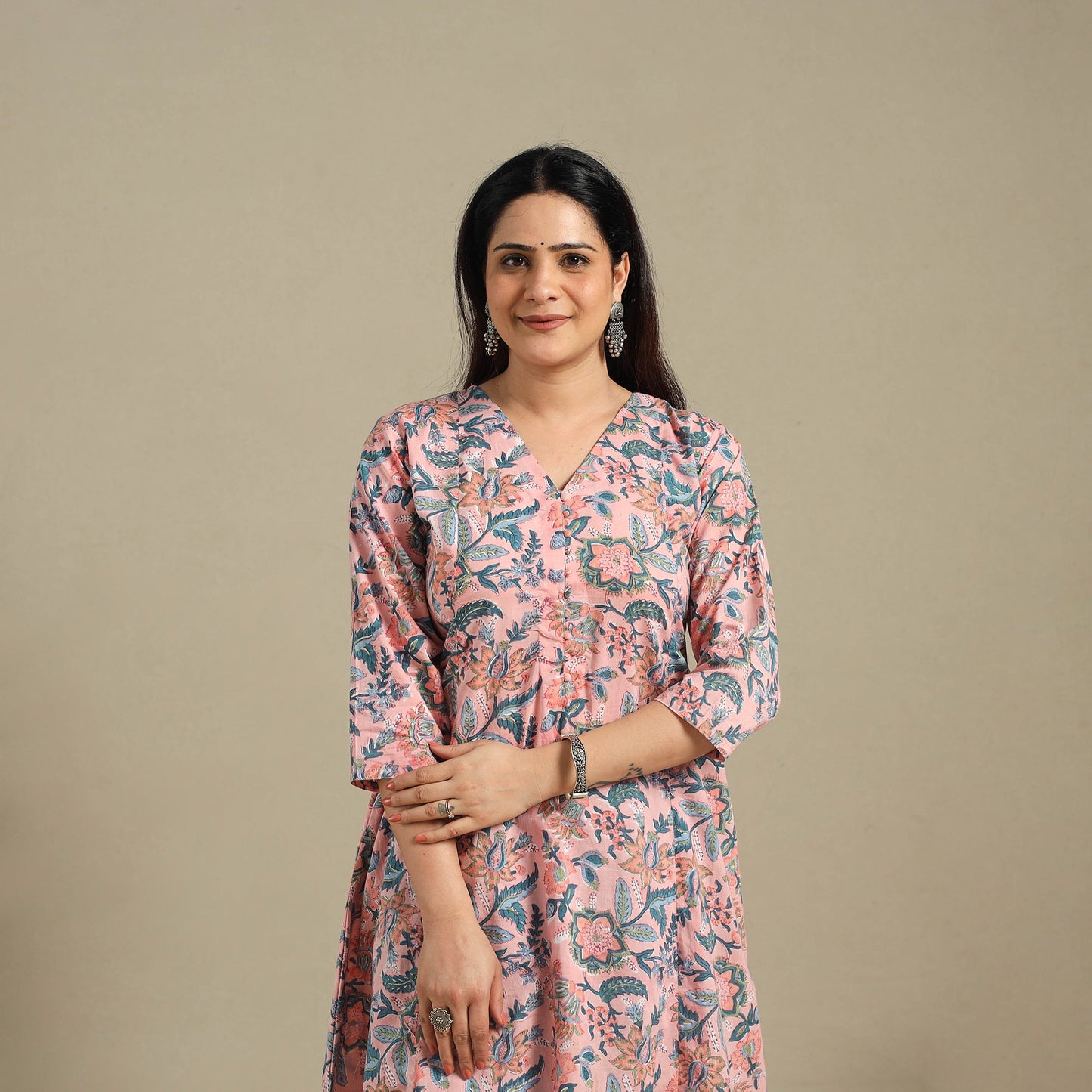 Pink - cotton a-line sanganeri kurta 08 - handcrafted