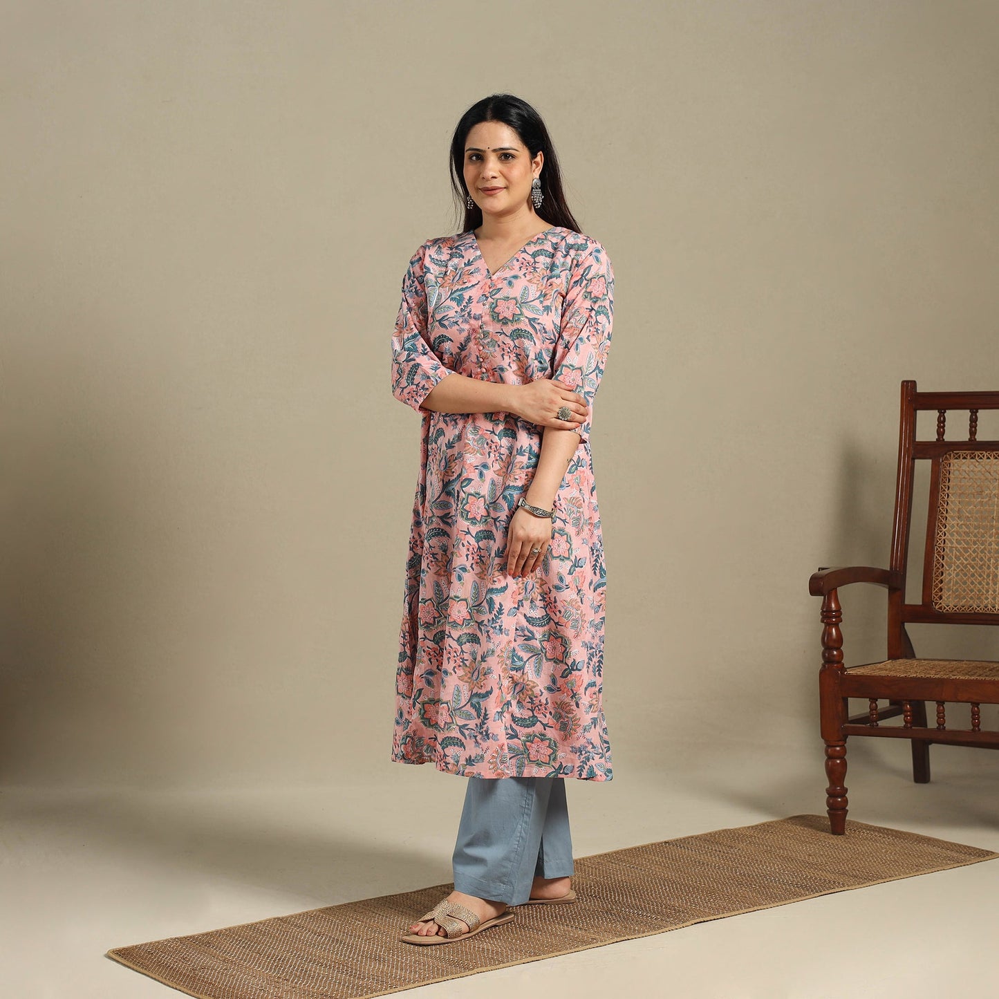 Pink - cotton a-line sanganeri kurta 08 - handcrafted