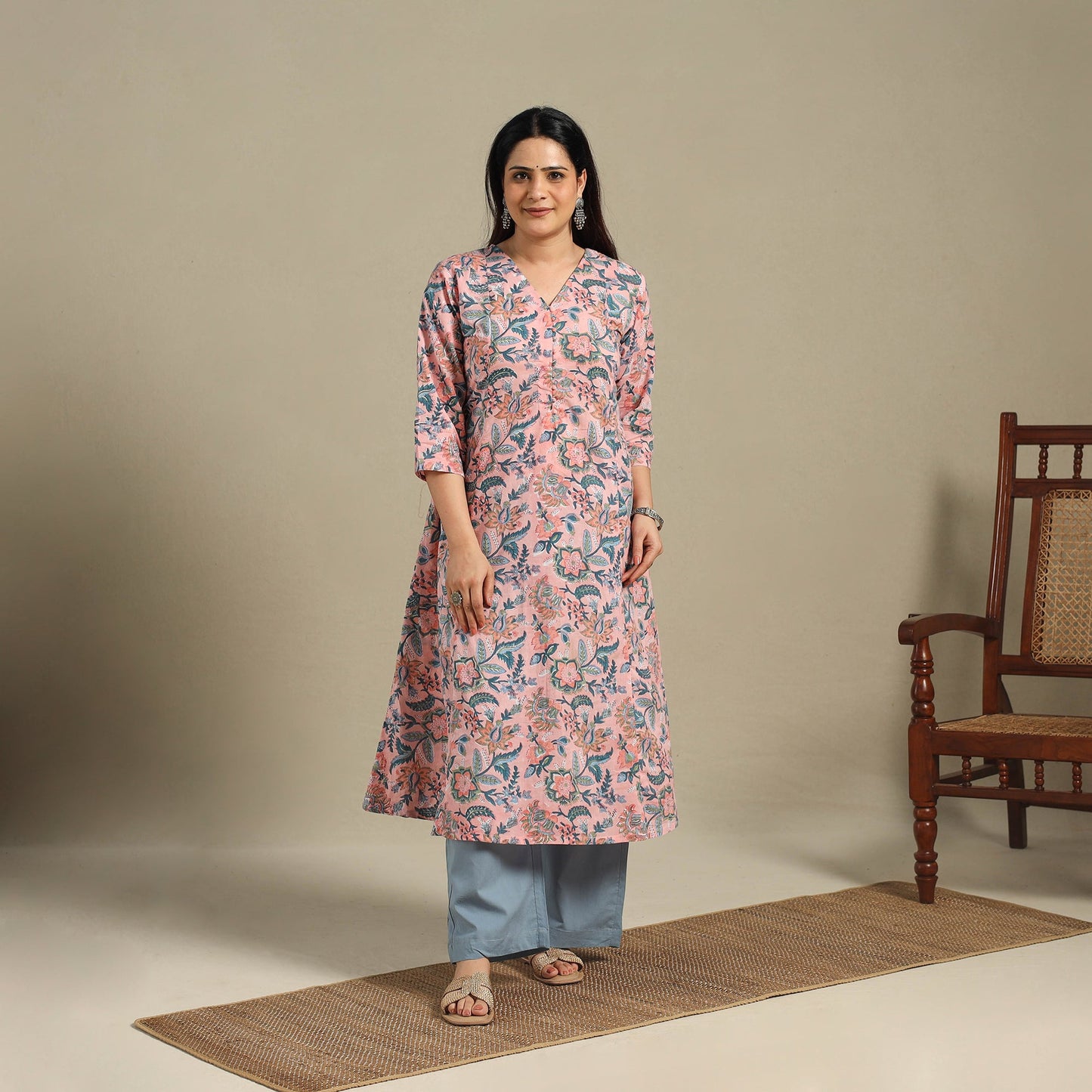 Pink - cotton a-line sanganeri kurta 08 - handcrafted