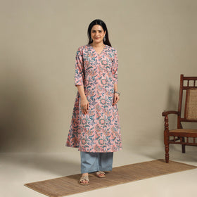 Pink - cotton a-line sanganeri kurta 08 - handcrafted