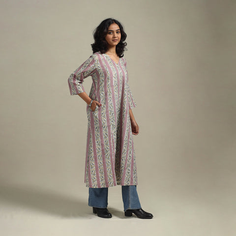 Pink - cotton a-line sanganeri kurta 14 - handcrafted