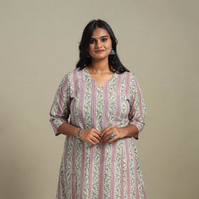 Pink Block Print Cotton A-Line Sanganeri Kurta
