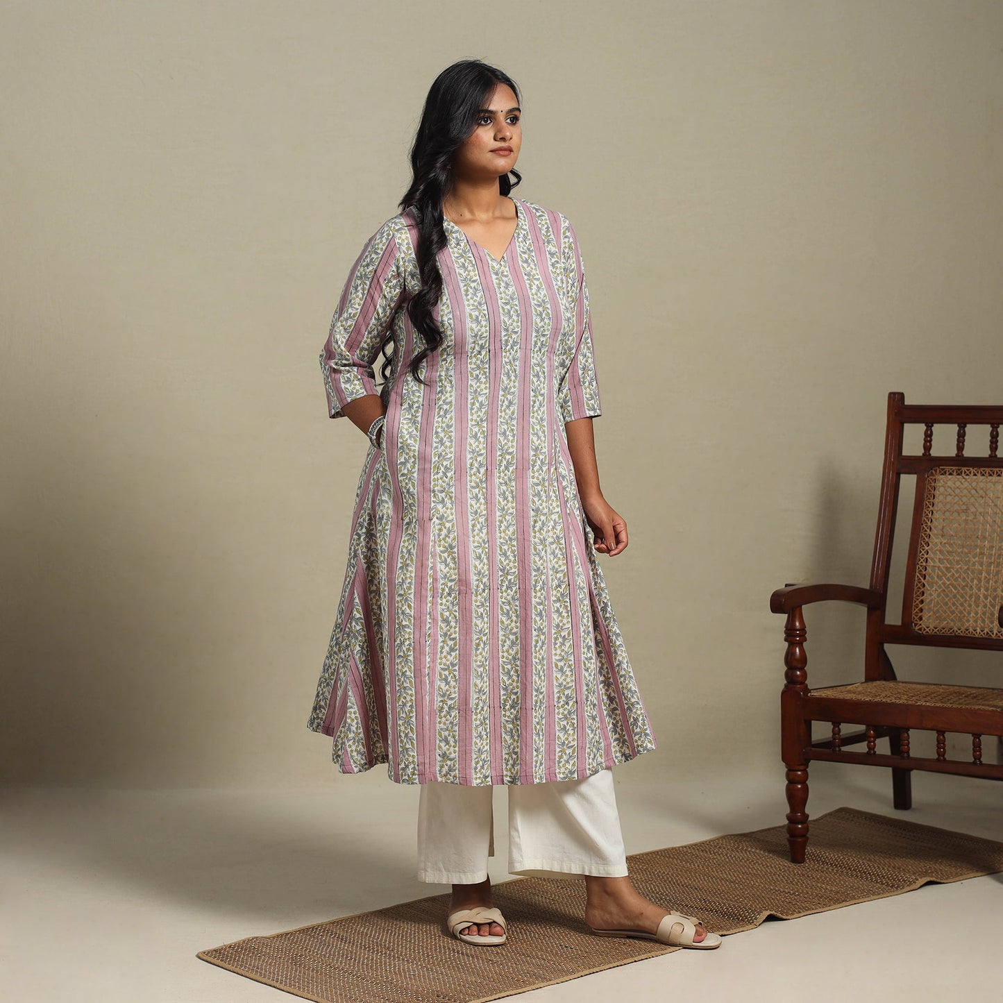 Pink Block Print Cotton A-Line Sanganeri Kurta