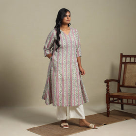 Pink Block Print Cotton A-Line Sanganeri Kurta