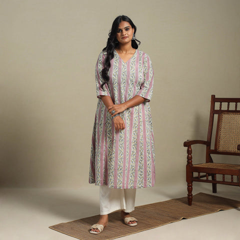 Pink Block Print Cotton A-Line Sanganeri Kurta