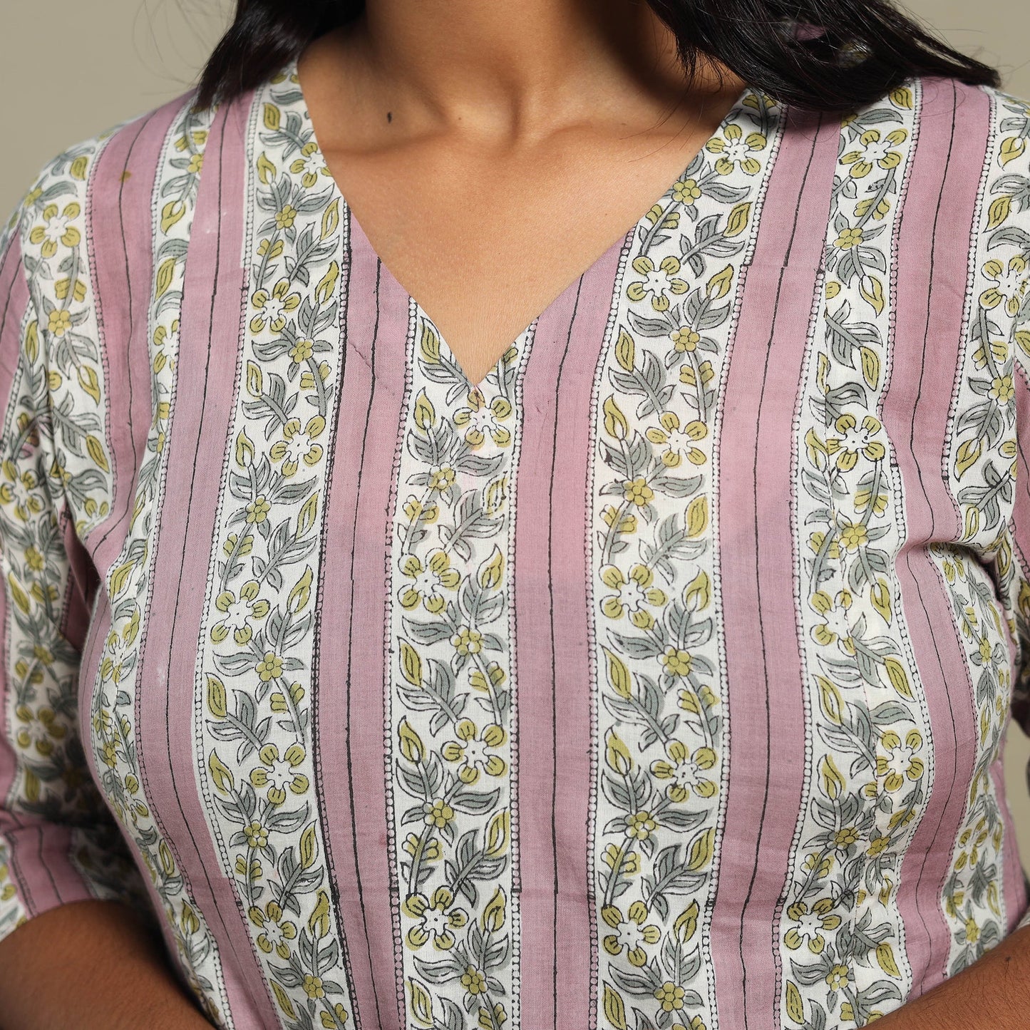 Pink Block Print Cotton A-Line Sanganeri Kurta