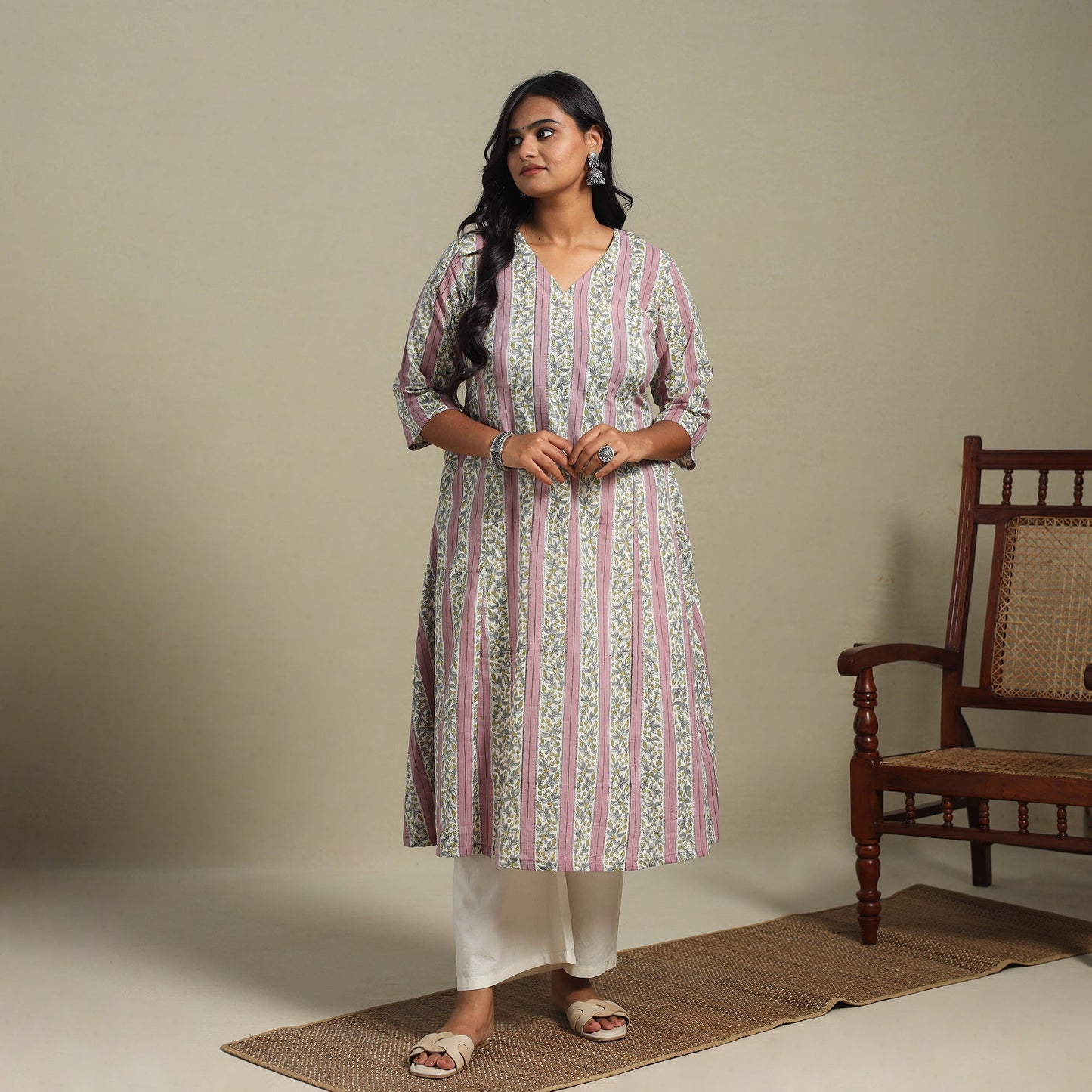 Pink Block Print Cotton A-Line Sanganeri Kurta