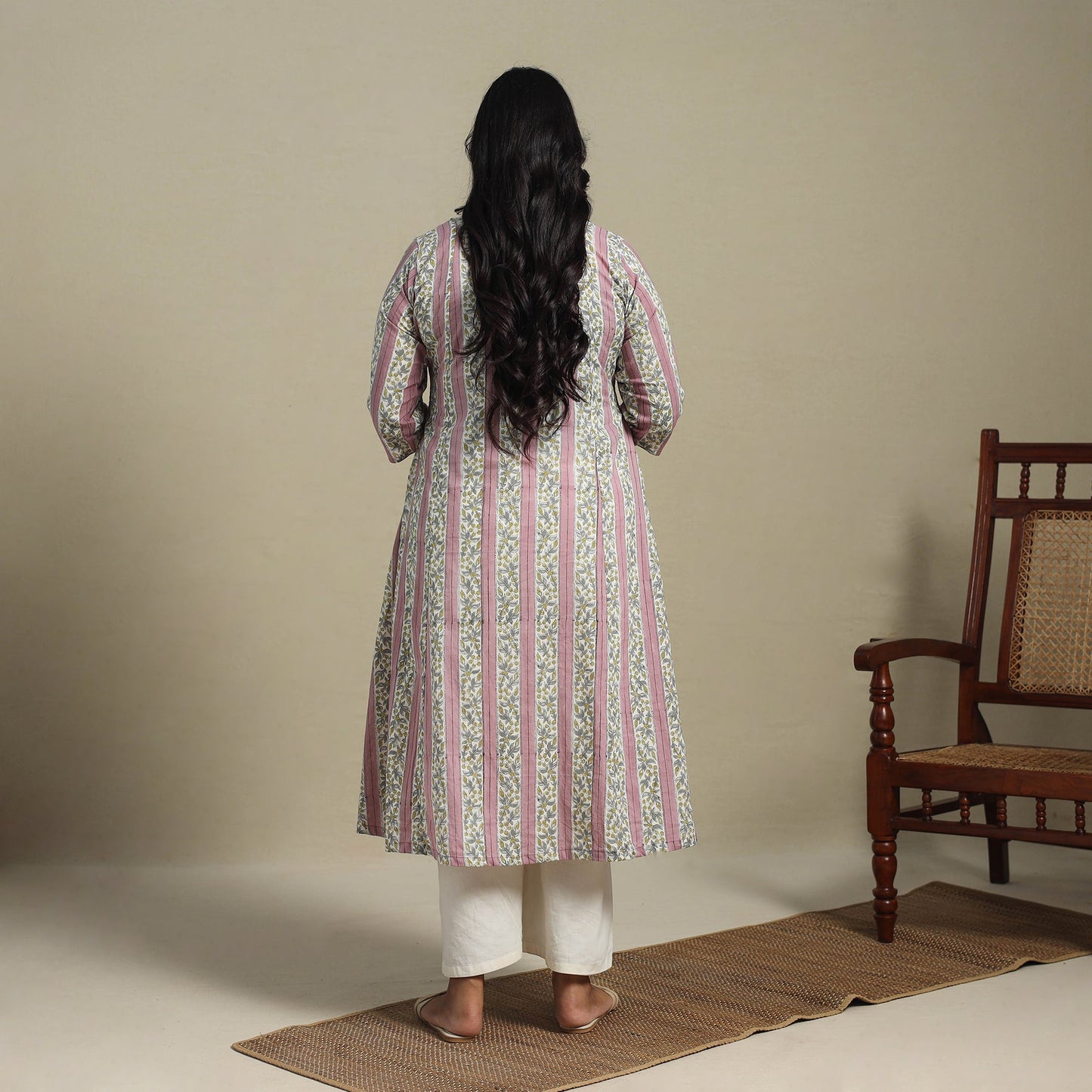 Pink Block Print Cotton A-Line Sanganeri Kurta