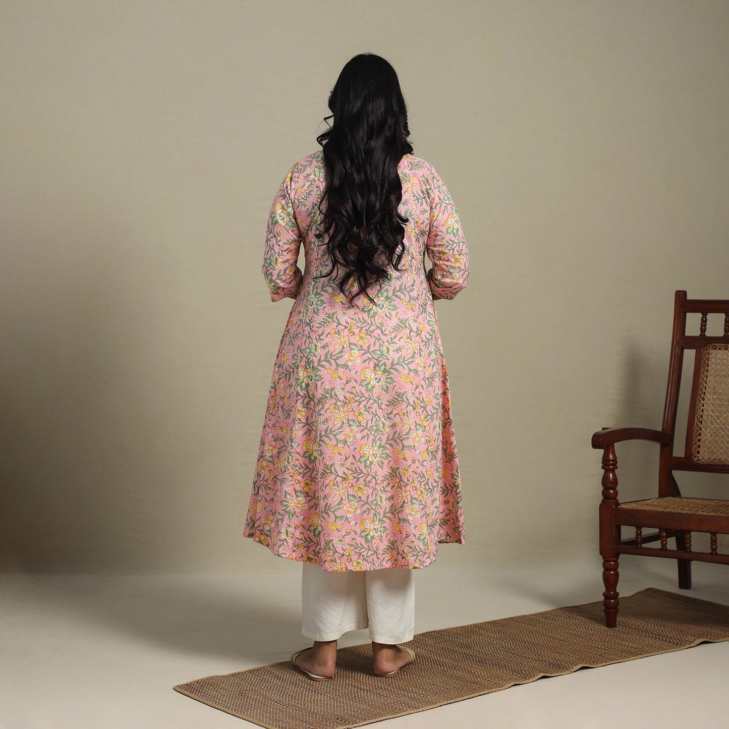 Pink Block Print Cotton A-Line Sanganeri Kurta