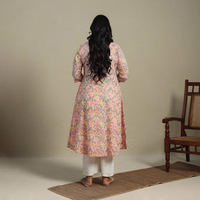 Pink Block Print Cotton A-Line Sanganeri Kurta