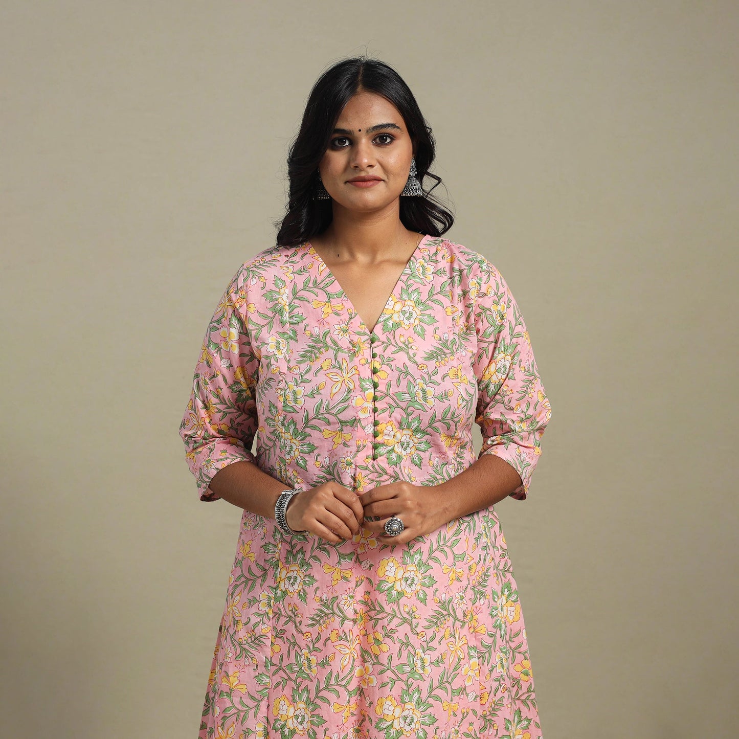 Pink Block Print Cotton A-Line Sanganeri Kurta