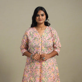 Pink Block Print Cotton A-Line Sanganeri Kurta