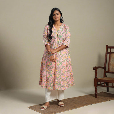 Pink Block Print Cotton A-Line Sanganeri Kurta