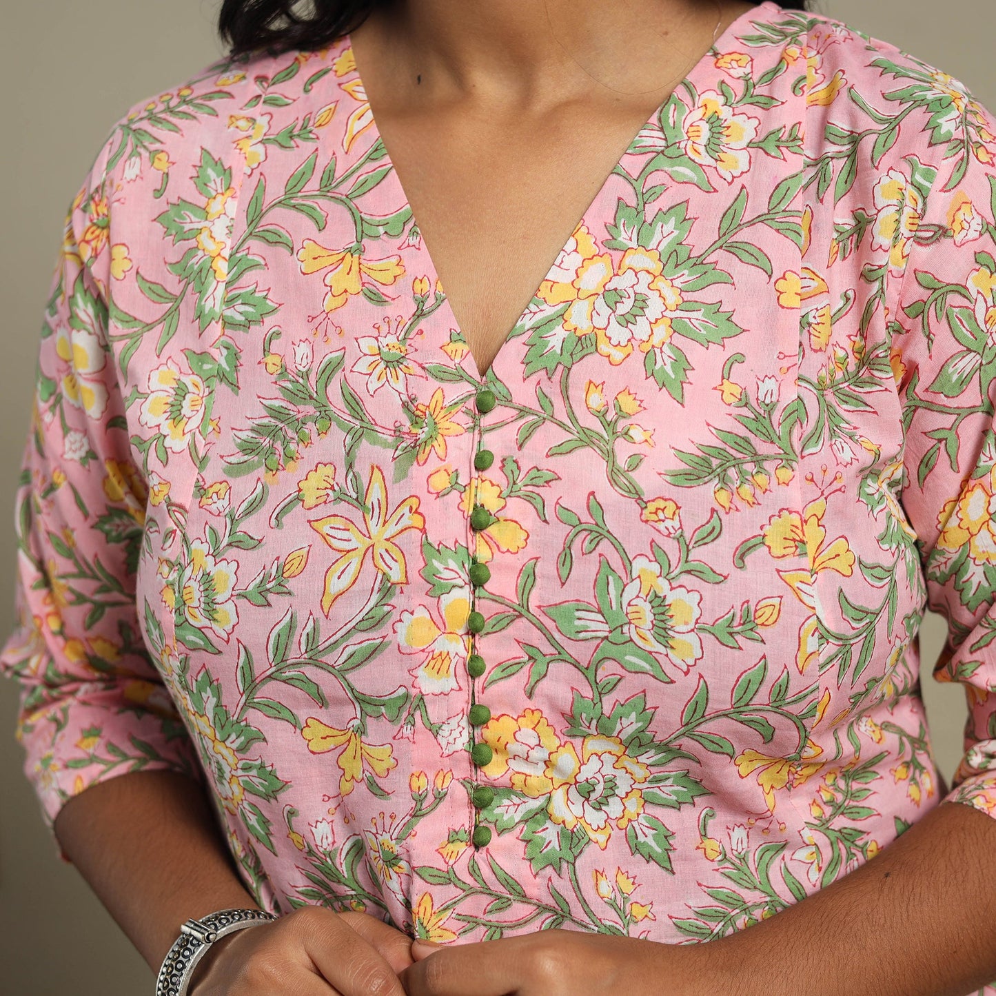 Pink Block Print Cotton A-Line Sanganeri Kurta