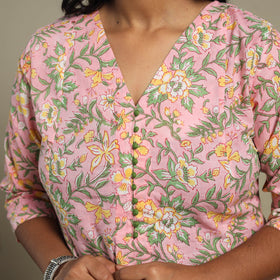 Pink Block Print Cotton A-Line Sanganeri Kurta