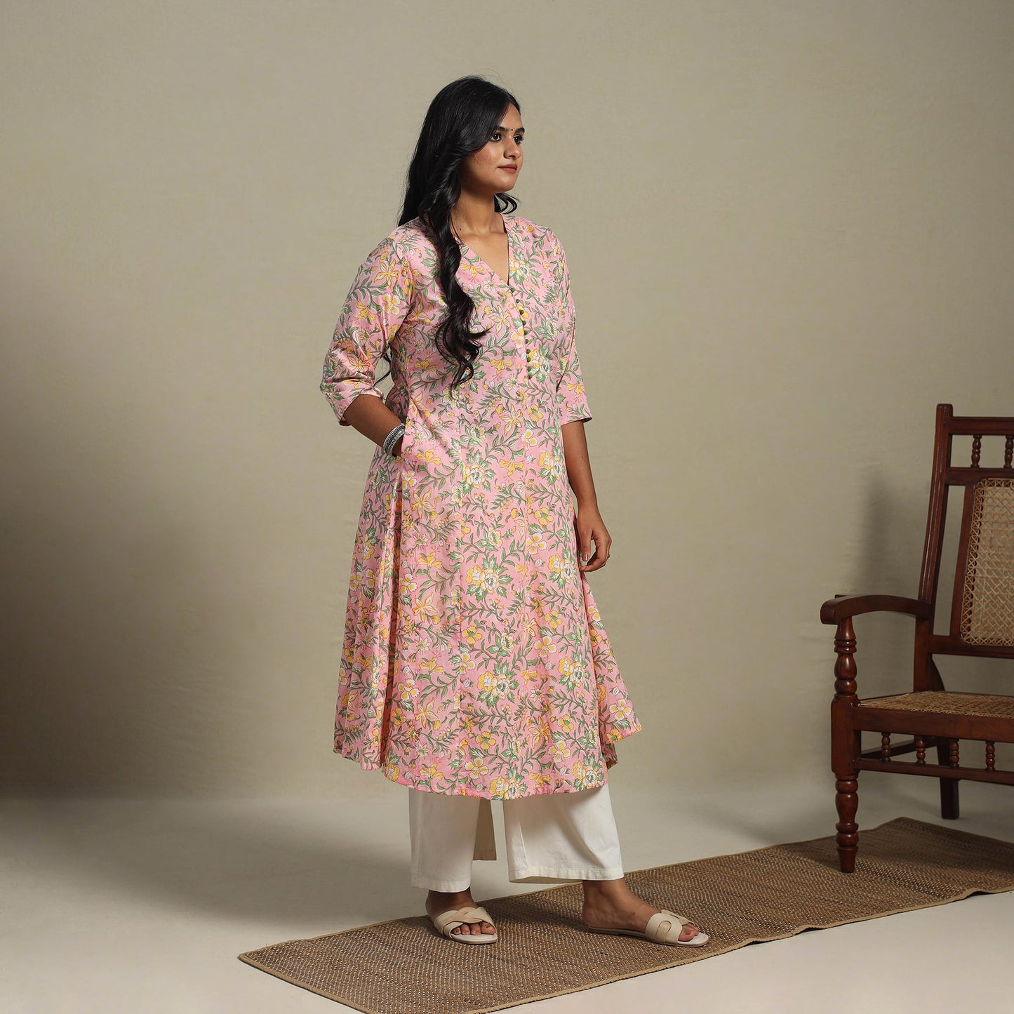 Pink Block Print Cotton A-Line Sanganeri Kurta