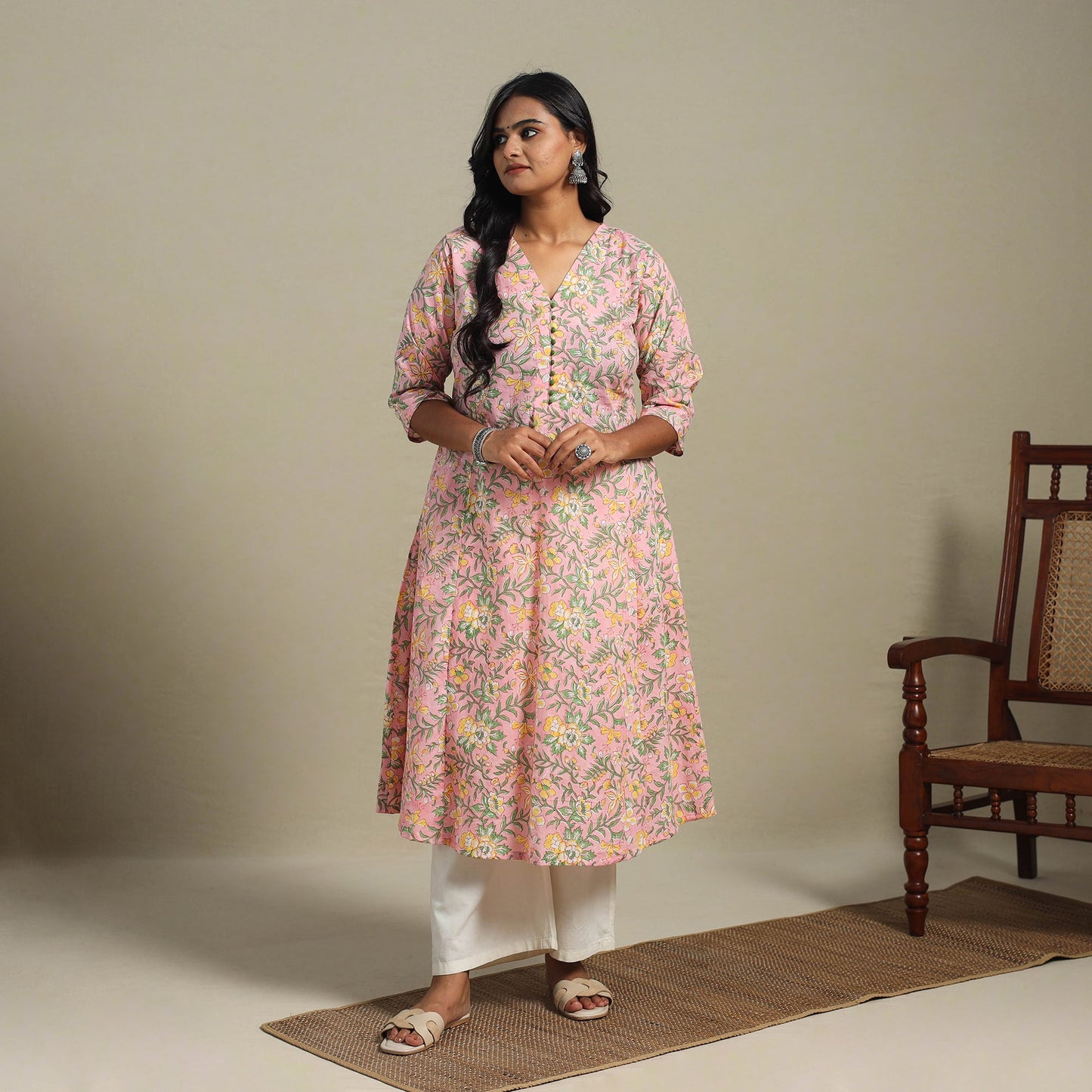 Pink Block Print Cotton A-Line Sanganeri Kurta