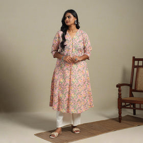 Pink Block Print Cotton A-Line Sanganeri Kurta