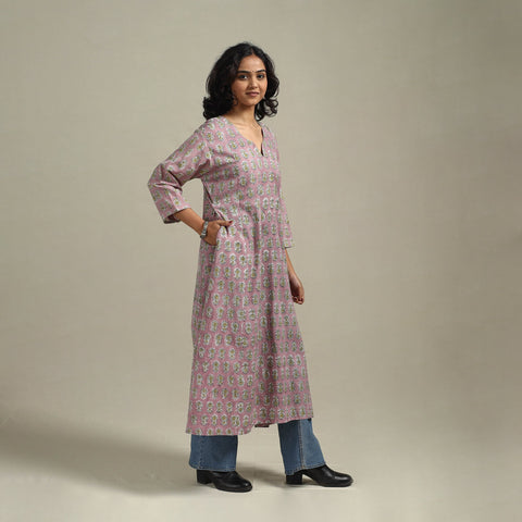 Pink - cotton a-line sanganeri kurta 20 - handcrafted