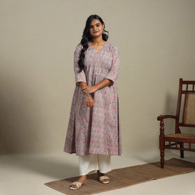 Pink Block Print Cotton A-Line Sanganeri Kurta