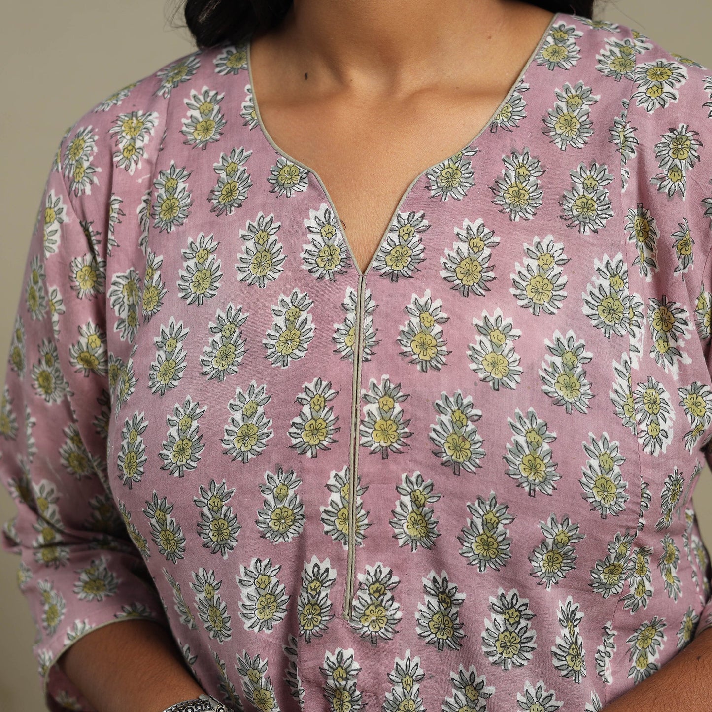 Pink Block Print Cotton A-Line Sanganeri Kurta