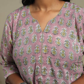 Pink Block Print Cotton A-Line Sanganeri Kurta
