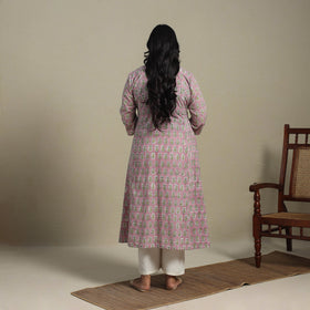 Pink Block Print Cotton A-Line Sanganeri Kurta