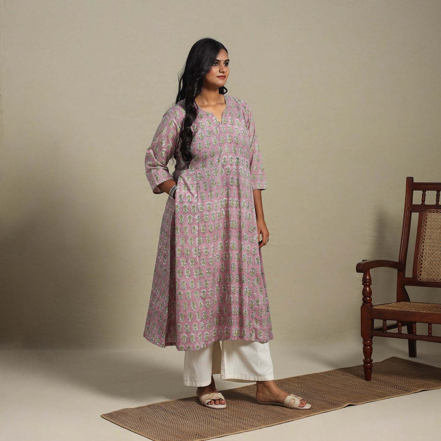 Pink Block Print Cotton A-Line Sanganeri Kurta