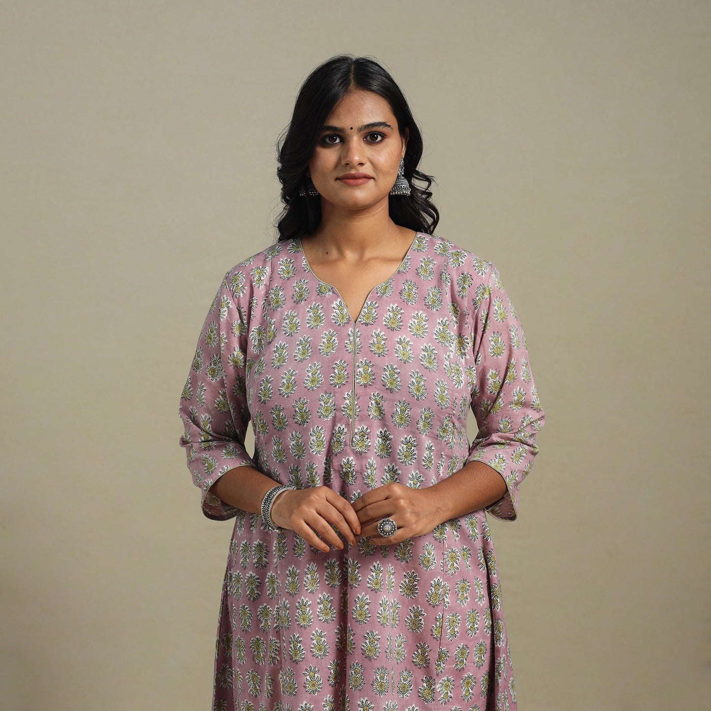 Pink Block Print Cotton A-Line Sanganeri Kurta