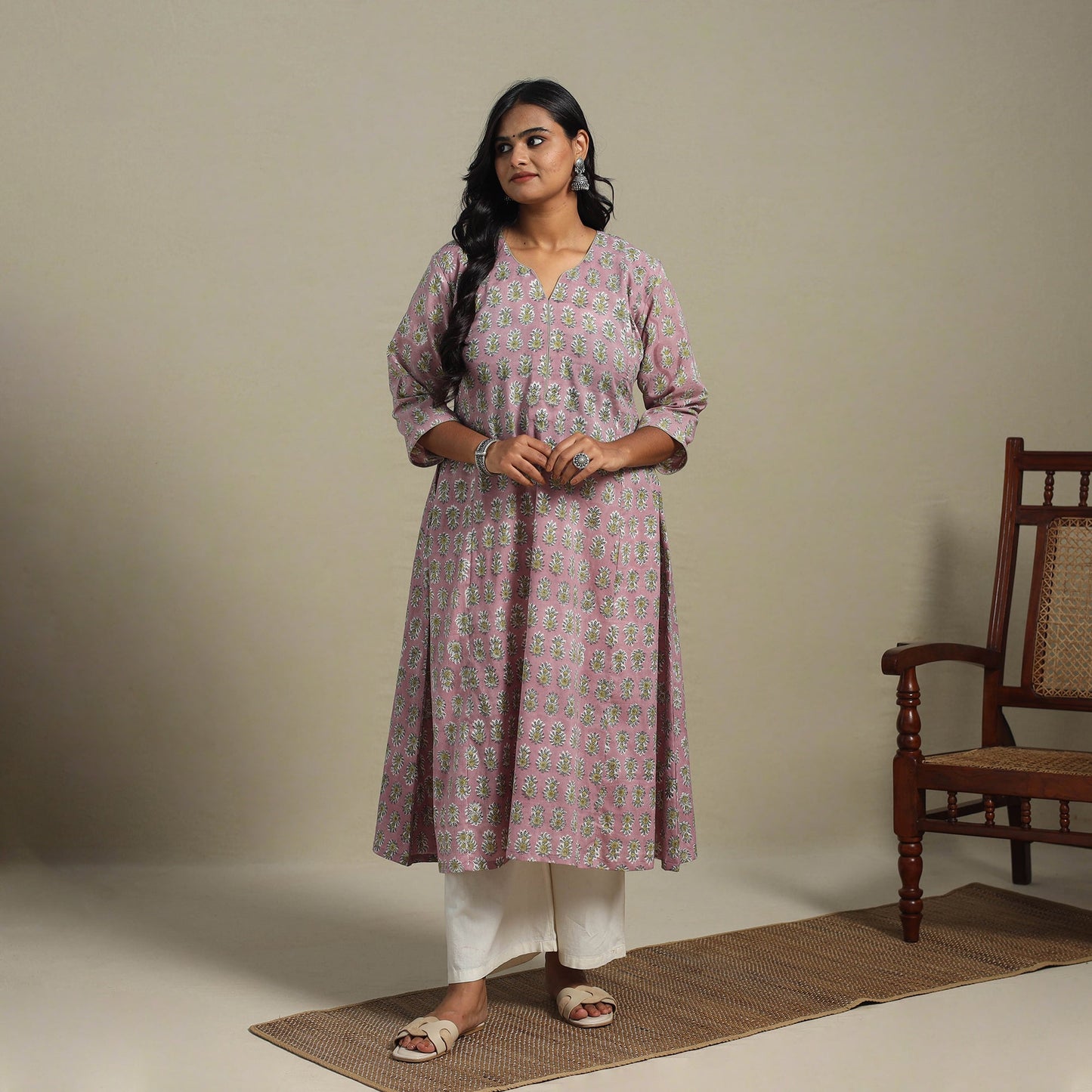 Pink Block Print Cotton A-Line Sanganeri Kurta