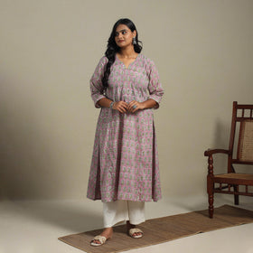 Pink Block Print Cotton A-Line Sanganeri Kurta