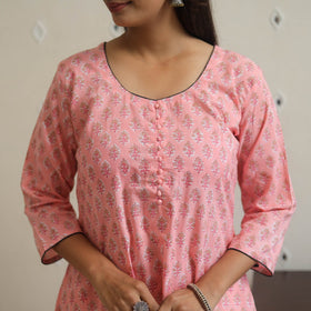 Pink Block Print Cotton A-Line Sanganeri Kurta 